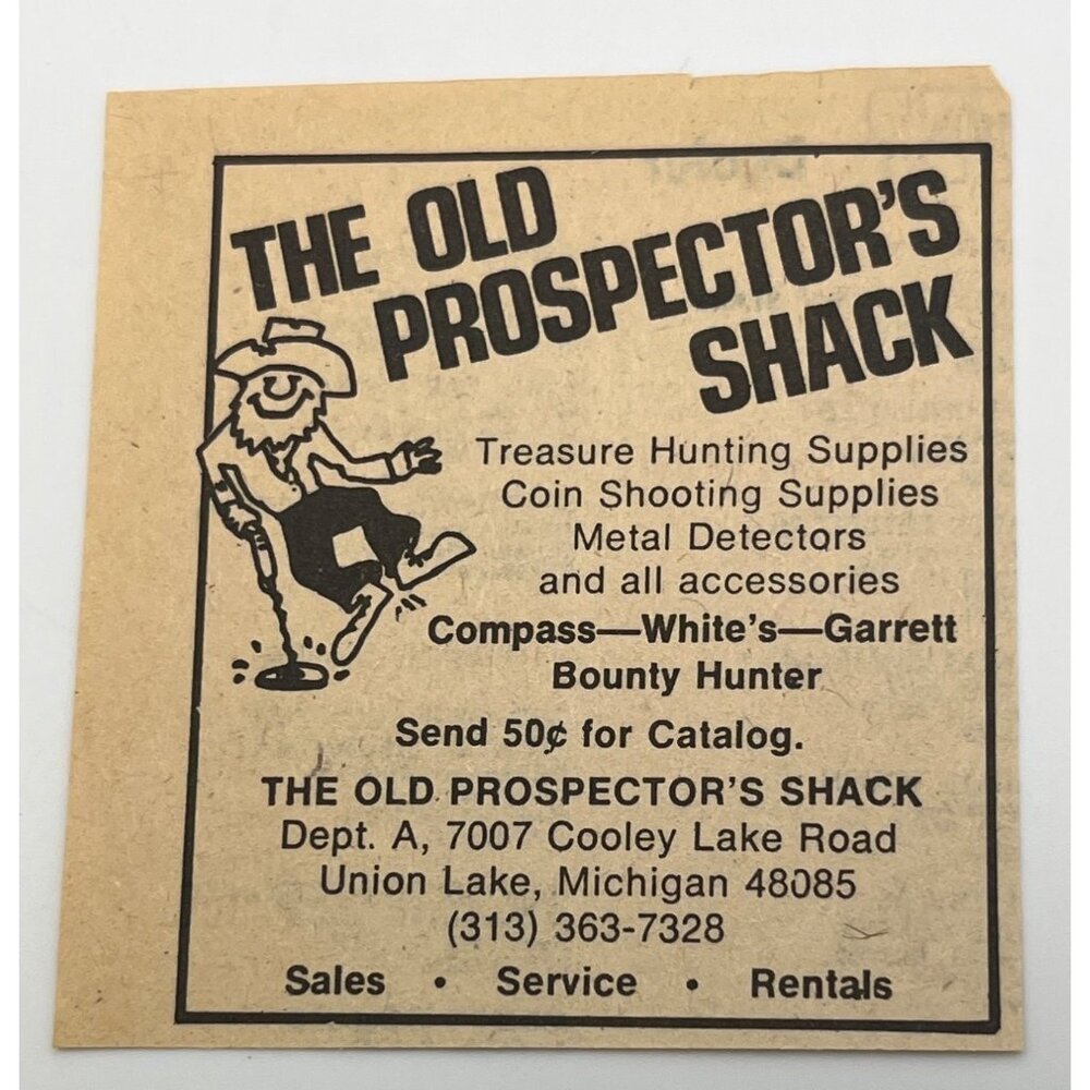 The Old Prospectors Shack Mini Print Ad Vtg 70s Metal Detectors Union Lake MI